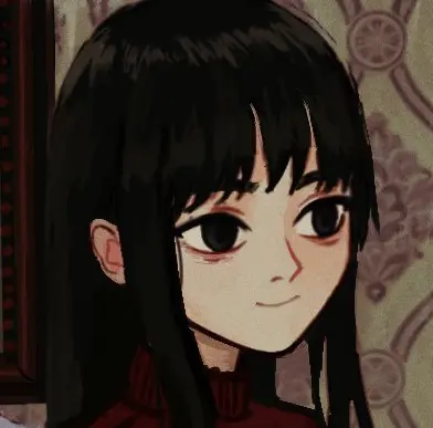 a girl smiling, with dark bags under her eyes and a blank gaze. Art by io (onisarashi)